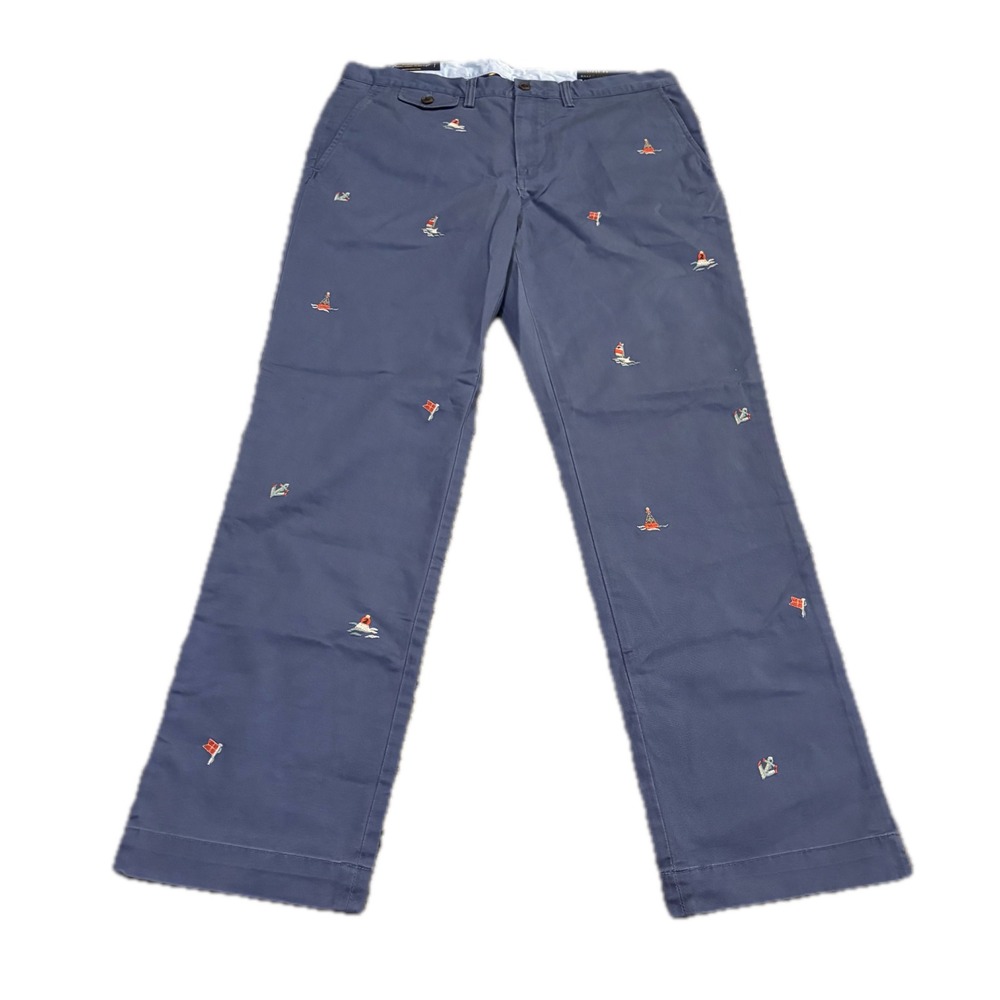 Polo Ralph Lauren Mens Navy Nautical Embroidered Stretch Straight Pant 34x32 NWT